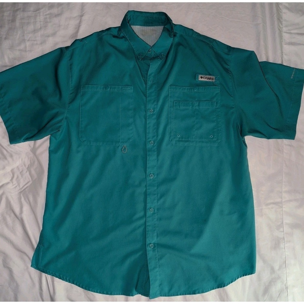 Columbia PFG Omnishade Mens Large Turquoise Short Sleeve Active Button Up Shirt